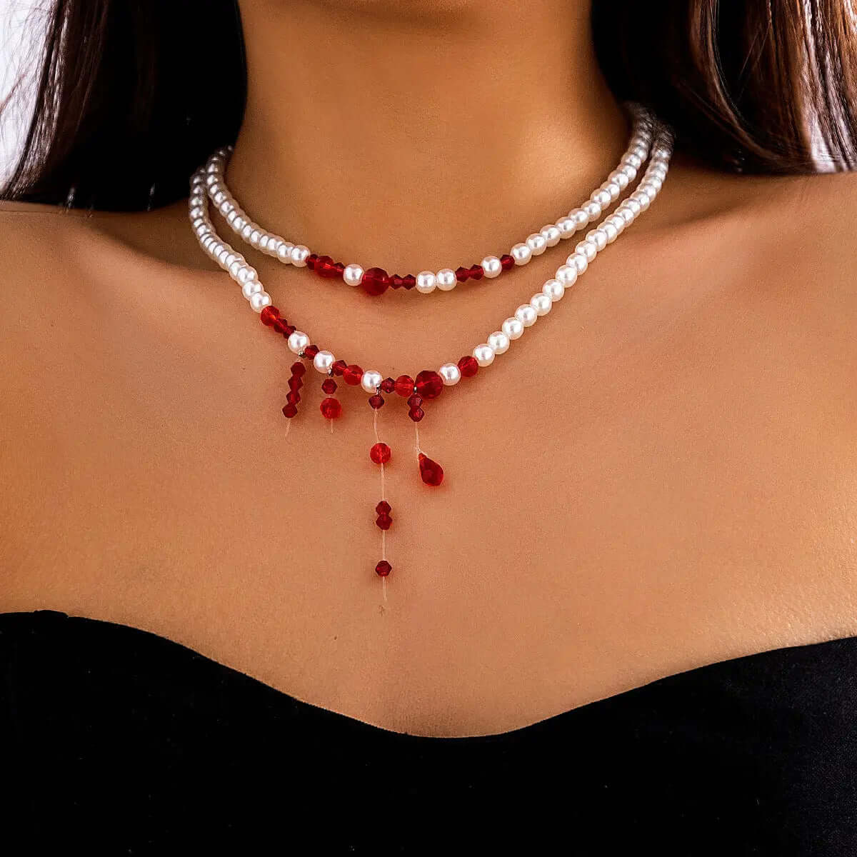 Gothic style pearl necklace choker creative Halloween blood drop tassel collarbone necklace eprolo