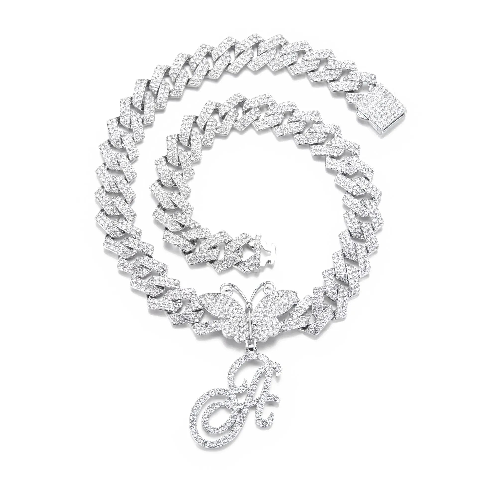 18inch Cuban Chain Butterfly Letter Full Diamond Pendant Cuban Chain Personalized Exaggerated Thick Chain Hiphop Jewelry eprolo