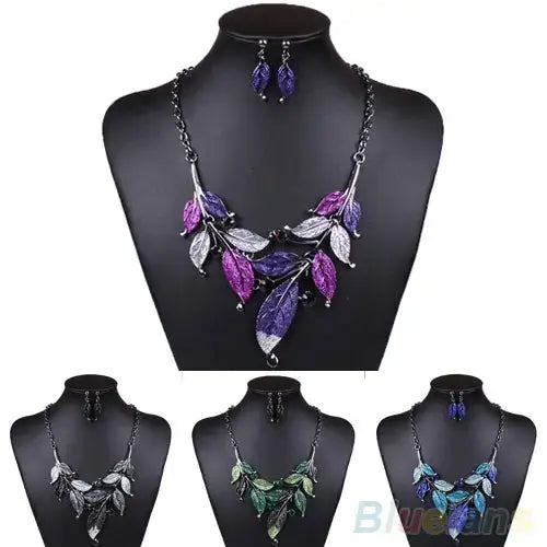 Classic Colorful Leaf Rhinestone Alloy Drop Necklace Earrings Jewelry eprolo