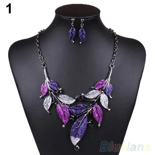 Classic Colorful Leaf Rhinestone Alloy Drop Necklace Earrings Jewelry eprolo