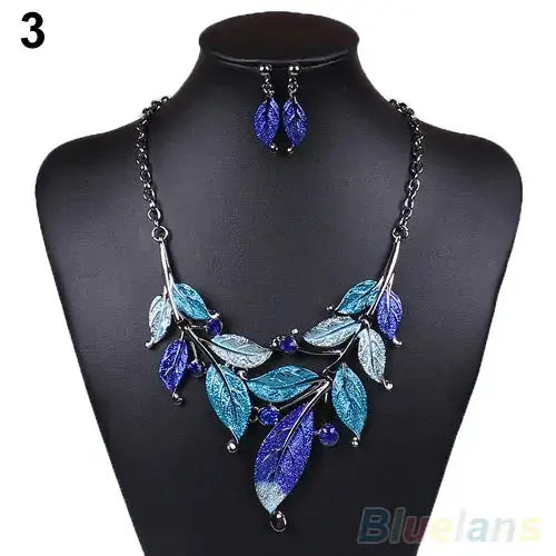 Classic Colorful Leaf Rhinestone Alloy Drop Necklace Earrings Jewelry eprolo