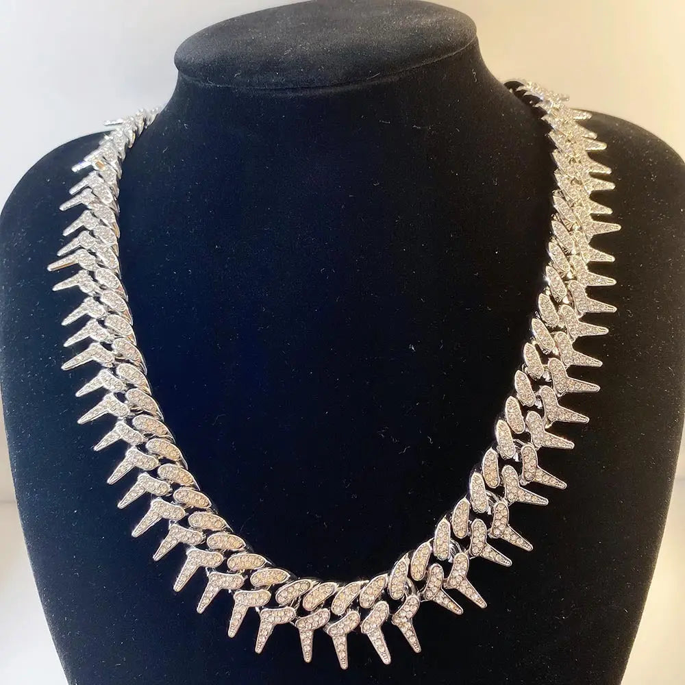 Hip-Hop Exaggerated Full Diamond Geometric Necklace Domineering Thorn Cuban Chain Hipster Men&