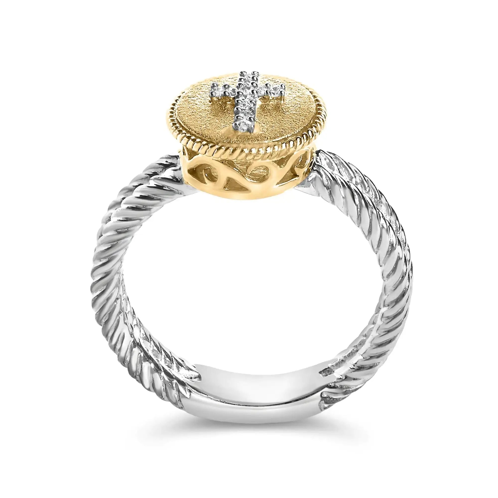 18K Yellow Gold Plated .925 Sterling Silver Diamond Cross Ring with Satin Finish (I-J Color, SI1-SI2 Clarity) My Store