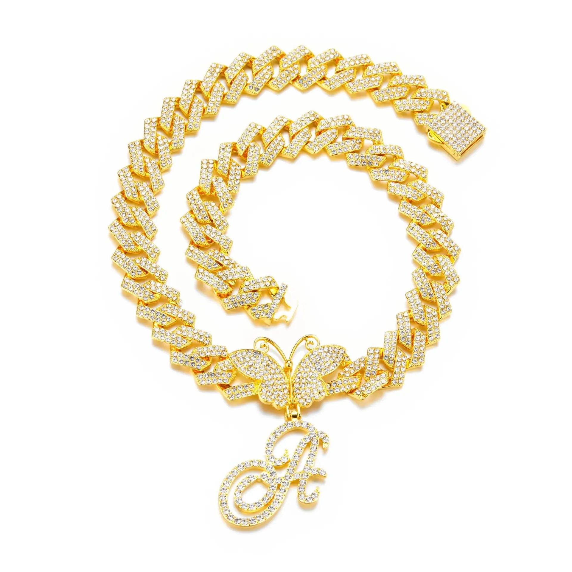 18inch Cuban Chain Butterfly Letter Full Diamond Pendant Cuban Chain Personalized Exaggerated Thick Chain Hiphop Jewelry eprolo