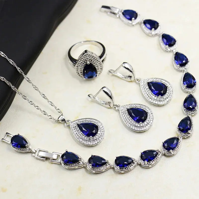Water Drop Shaped Sapphire Silver 925 Jewelry Sets for Women Blue Gemstones Ring Earrings Necklace Bracelet Wedding eprolo