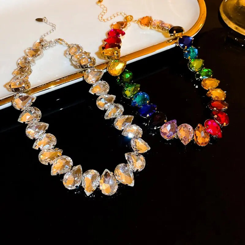 Colorful Rhinestone Crystal Necklace For Women Luxury Fashion Water Drop Choker Necklaces For Party Wedding Bridal Jewelry eprolo