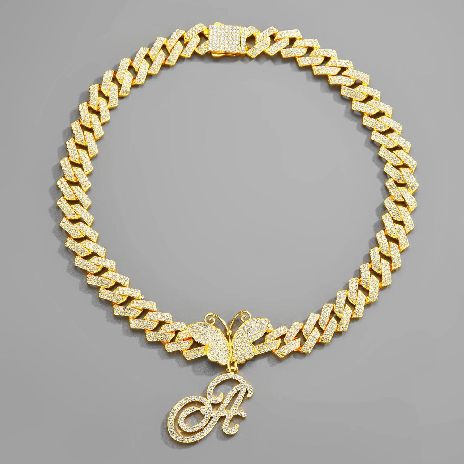 18inch  Cuban Chain Butterfly Letter Full Diamond Pendant Cuban Chain Personalized Exaggerated Thick Chain Hiphop Jewelry eprolo