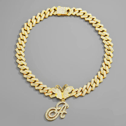 18inch  Cuban Chain Butterfly Letter Full Diamond Pendant Cuban Chain Personalized Exaggerated Thick Chain Hiphop Jewelry eprolo