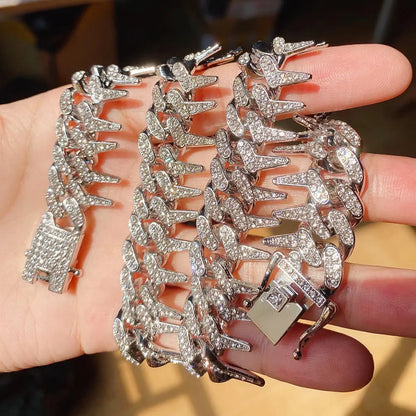 Hip-Hop Exaggerated Full Diamond Geometric Necklace Domineering Thorn Cuban Chain Hipster Men&