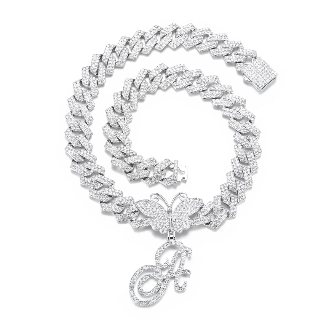 18inch  Cuban Chain Butterfly Letter Full Diamond Pendant Cuban Chain Personalized Exaggerated Thick Chain Hiphop Jewelry eprolo
