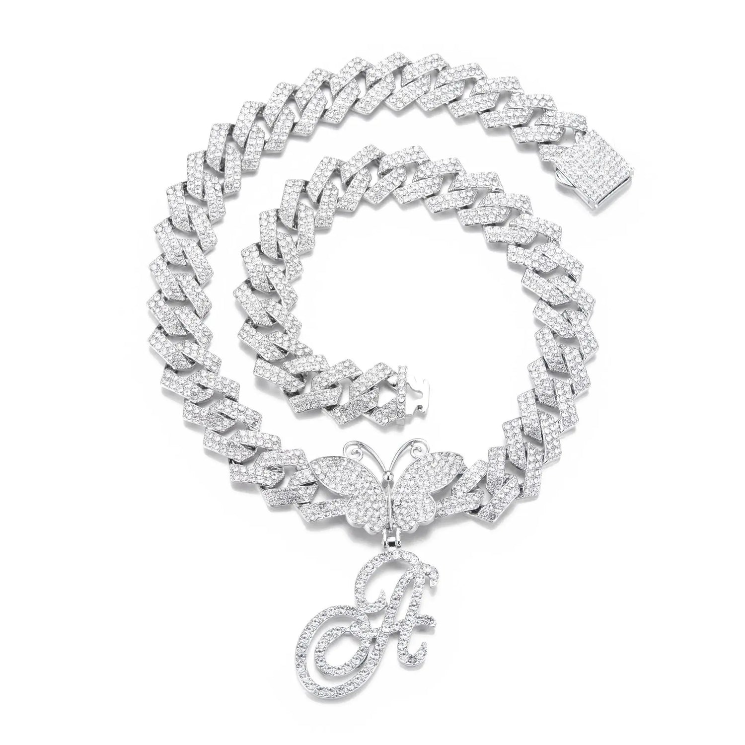 18inch  Cuban Chain Butterfly Letter Full Diamond Pendant Cuban Chain Personalized Exaggerated Thick Chain Hiphop Jewelry eprolo
