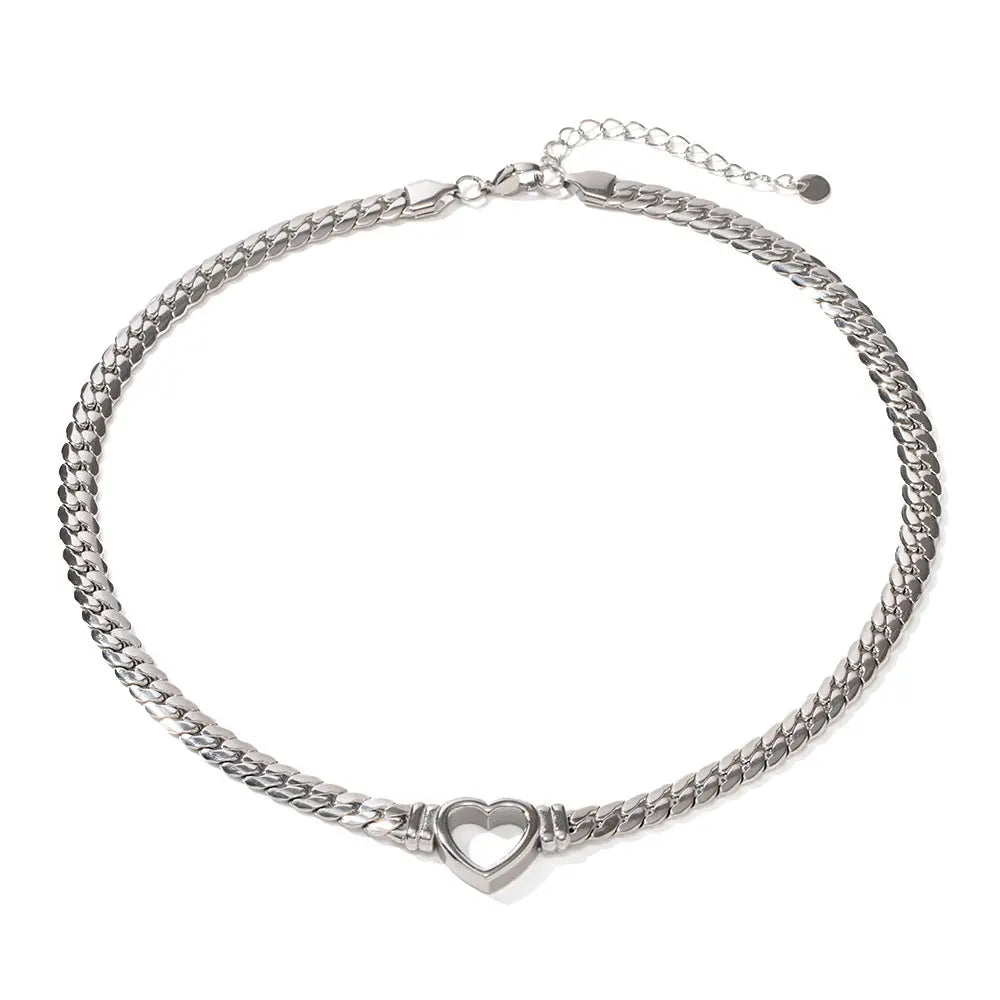 Stainless steel Cuban chain heart-shaped necklace with hollowed out flat snake chain heart pendant necklace for women eprolo