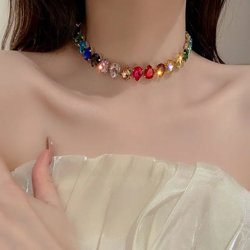 Colorful Rhinestone Crystal Necklace For Women Luxury Fashion Water Drop Choker Necklaces For Party Wedding Bridal Jewelry eprolo