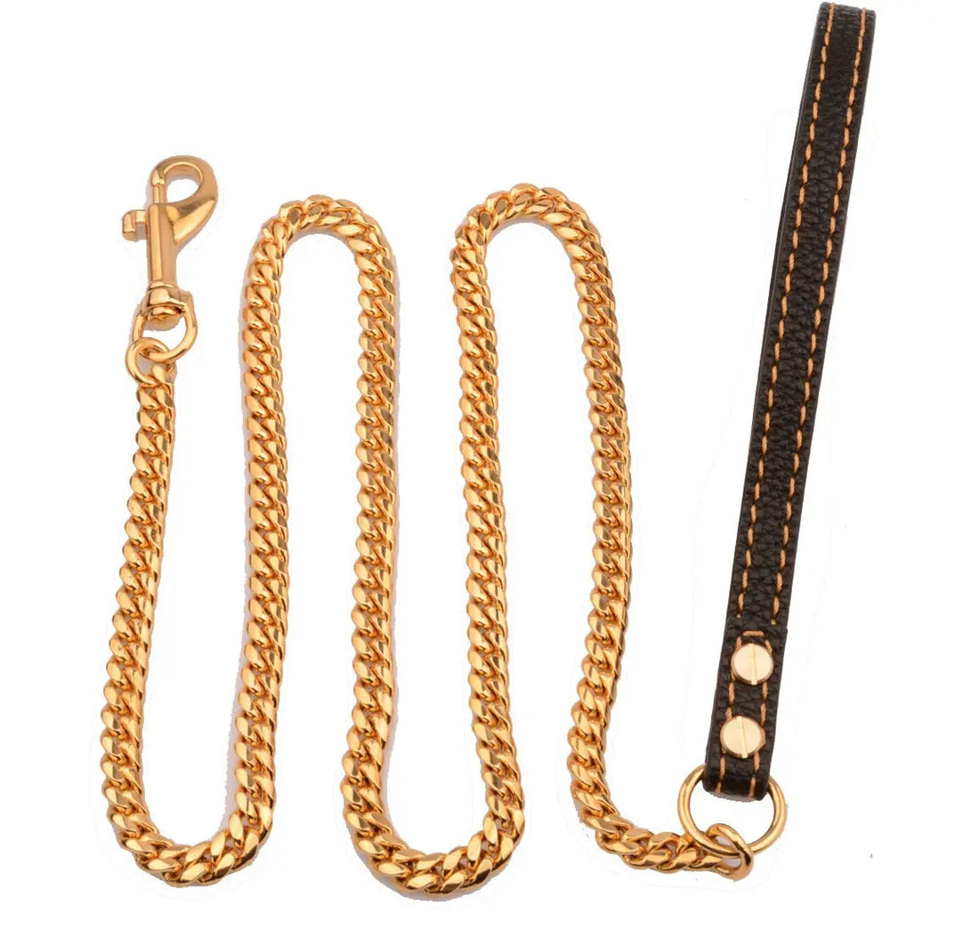 10mm stainless steel leather traction rope golden stainless steel Cuban chain dog chain medium-sized dog pet traction chain eprolo