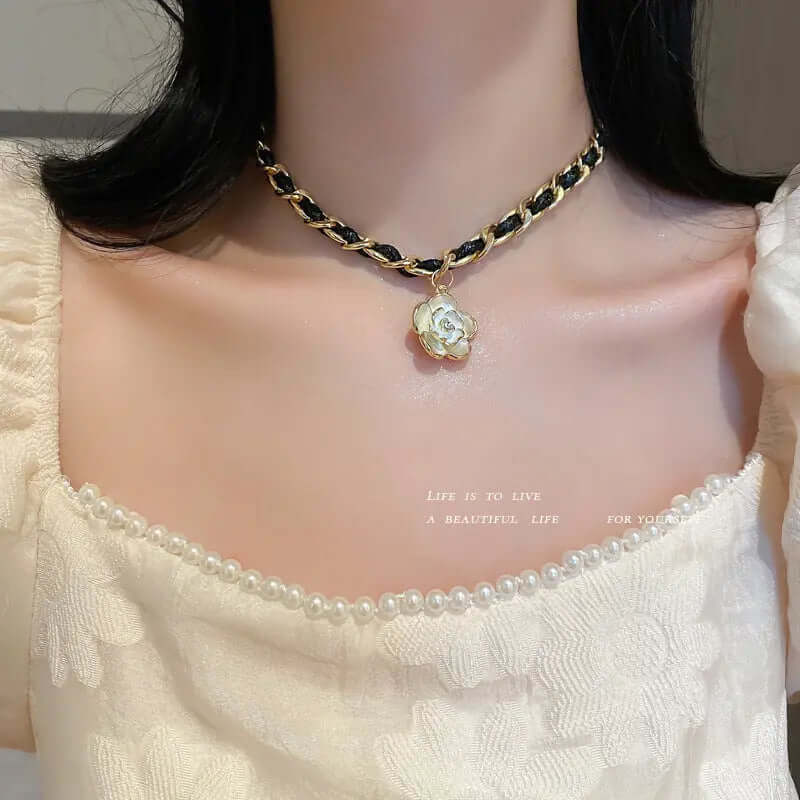 Camellia flower drop glaze pearl Korean pastoral style clear necklace eprolo