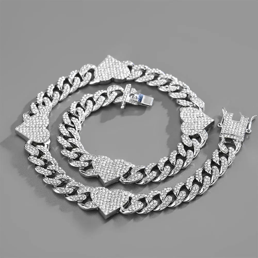 Hip-Hop Personality Cuban Chain Temperament Exquisite Love Necklace Adjustable Bracelet Accessories Couple Models eprolo