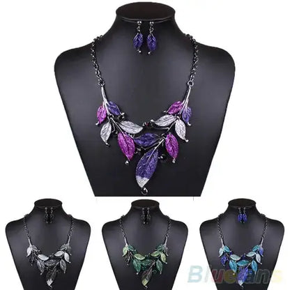Classic Colorful Leaf Rhinestone Alloy Drop Necklace Earrings Jewelry eprolo