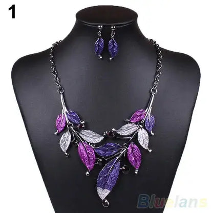 Classic Colorful Leaf Rhinestone Alloy Drop Necklace Earrings Jewelry eprolo