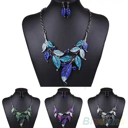 Classic Colorful Leaf Rhinestone Alloy Drop Necklace Earrings Jewelry eprolo