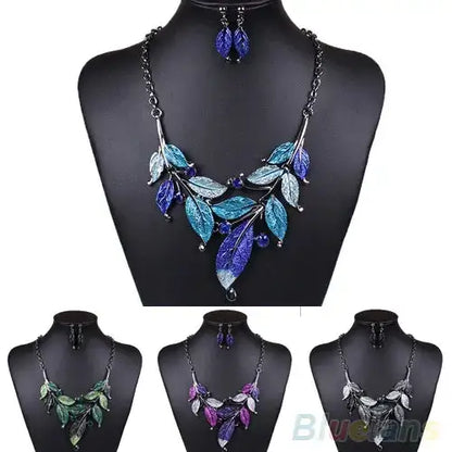 Classic Colorful Leaf Rhinestone Alloy Drop Necklace Earrings Jewelry eprolo