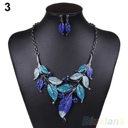 Classic Colorful Leaf Rhinestone Alloy Drop Necklace Earrings Jewelry eprolo