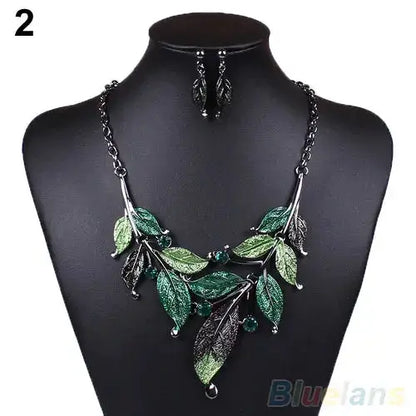 Classic Colorful Leaf Rhinestone Alloy Drop Necklace Earrings Jewelry eprolo