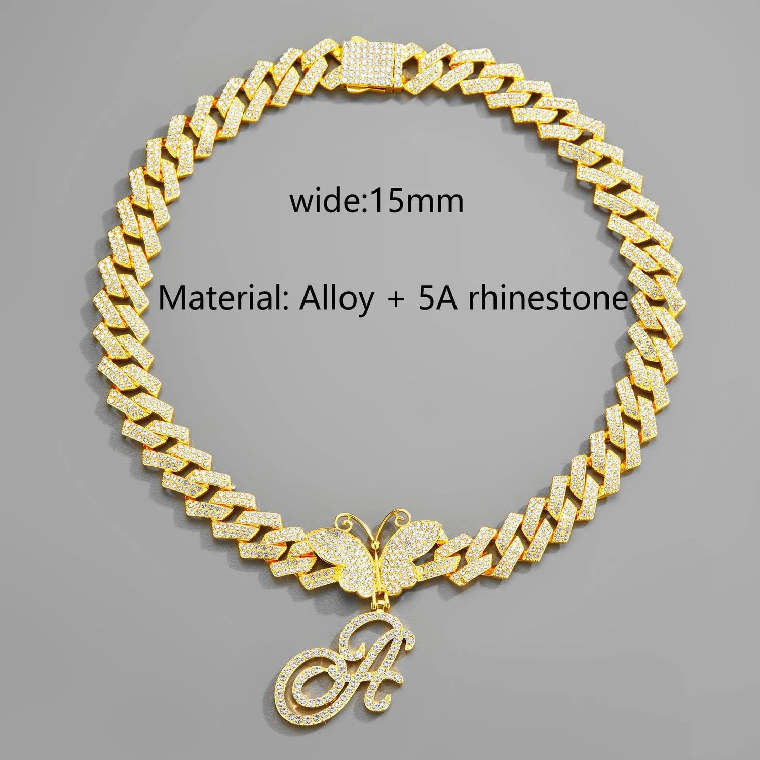 18inch  Cuban Chain Butterfly Letter Full Diamond Pendant Cuban Chain Personalized Exaggerated Thick Chain Hiphop Jewelry eprolo