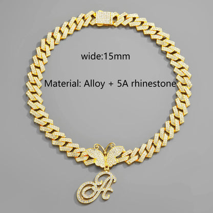 18inch  Cuban Chain Butterfly Letter Full Diamond Pendant Cuban Chain Personalized Exaggerated Thick Chain Hiphop Jewelry eprolo