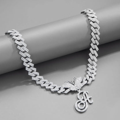 18inch  Cuban Chain Butterfly Letter Full Diamond Pendant Cuban Chain Personalized Exaggerated Thick Chain Hiphop Jewelry eprolo