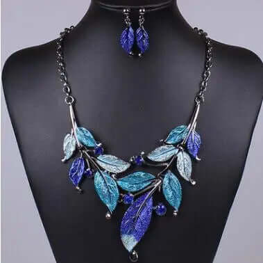 Classic Colorful Leaf Rhinestone Alloy Drop Necklace Earrings Jewelry eprolo