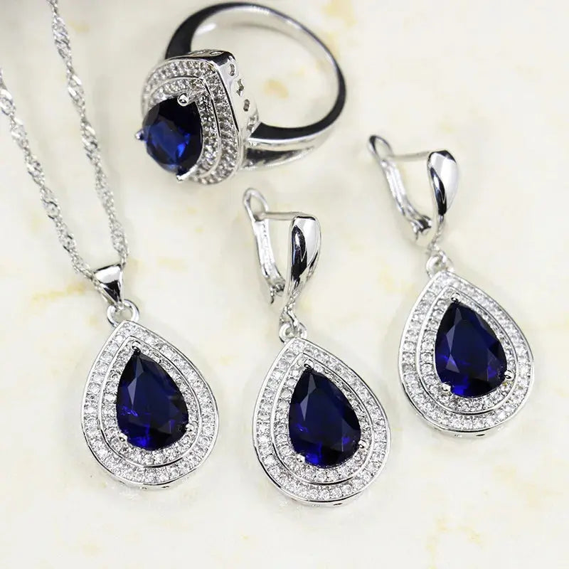 Water Drop Shaped Sapphire Silver 925 Jewelry Sets for Women Blue Gemstones Ring Earrings Necklace Bracelet Wedding eprolo