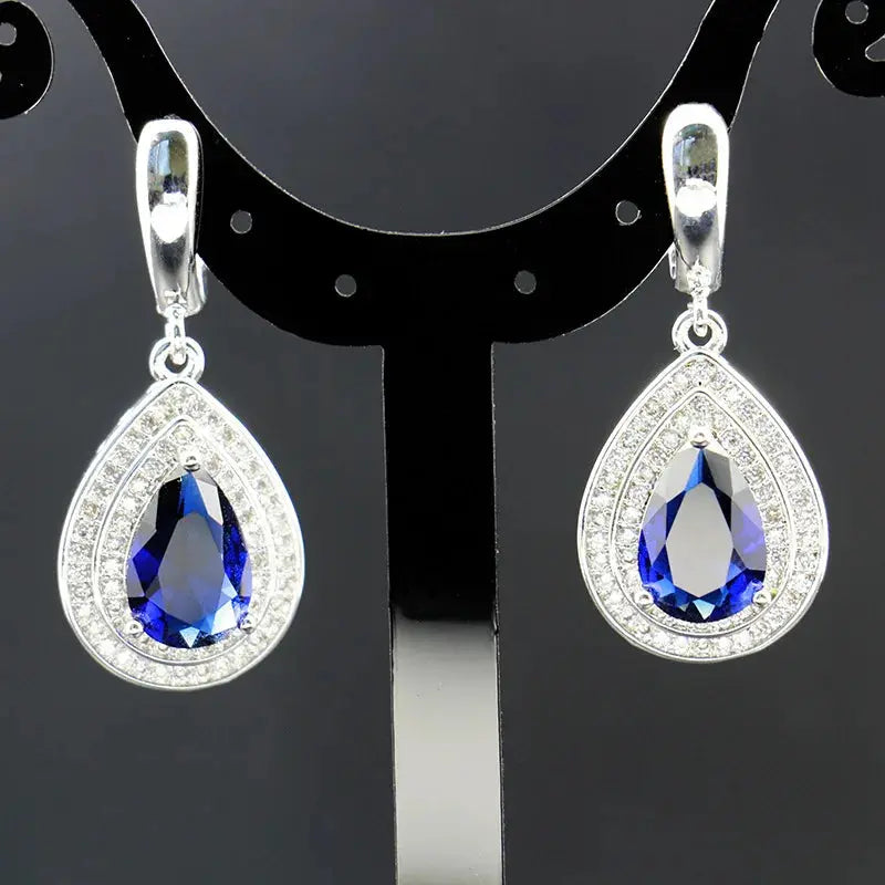 Water Drop Shaped Sapphire Silver 925 Jewelry Sets for Women Blue Gemstones Ring Earrings Necklace Bracelet Wedding eprolo