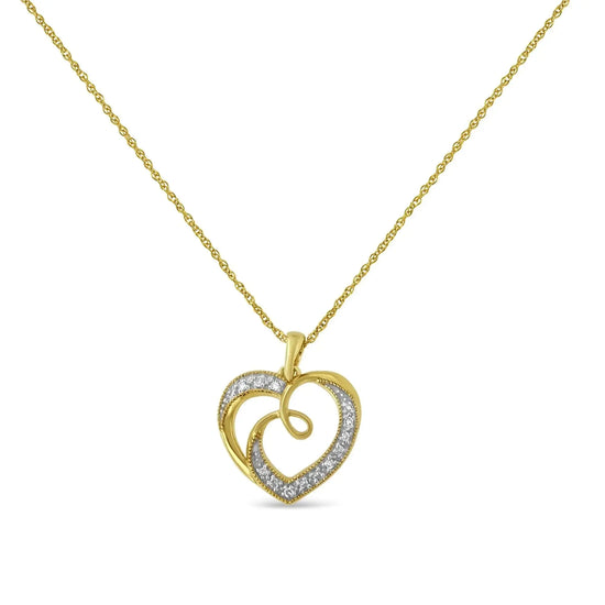 14K Yellow Gold Plated .925 Sterling Silver Diamond Accent Ribbon & Heart 18" Pendant Necklace (H-I Color, I2-I3 Clarity) My Store