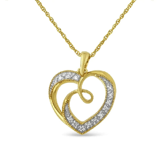 14K Yellow Gold Plated .925 Sterling Silver Diamond Accent Ribbon & Heart 18" Pendant Necklace (H-I Color, I2-I3 Clarity) My Store